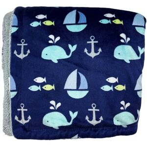 Luvable Friends Blue Whale Sailboat Anchor Fish Baby Blanket Gray Sherpa Back